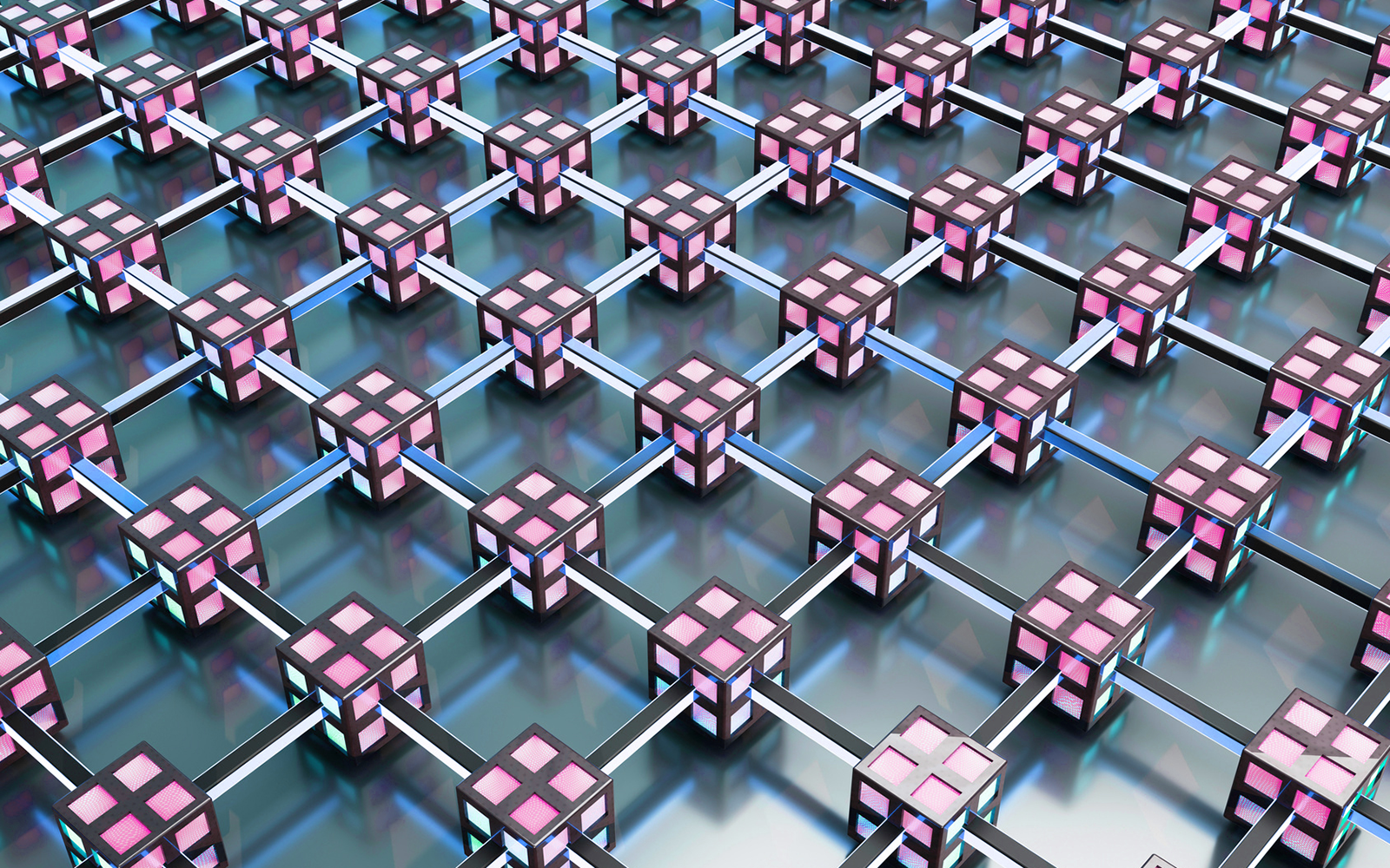 粉红色的立方体在蓝色的背景上相互连接